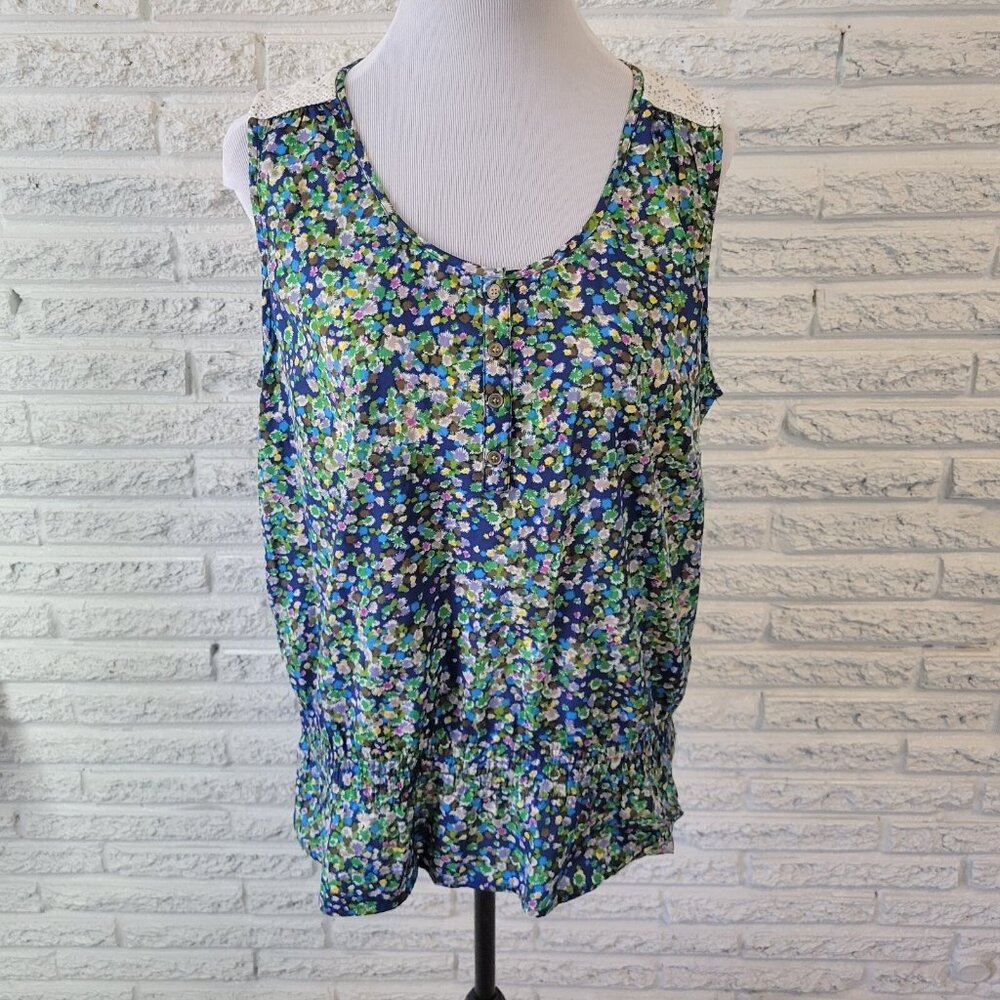 Izod Womens Top Extra Large Blue Floral Crochet Shoulder Casual FLO135E